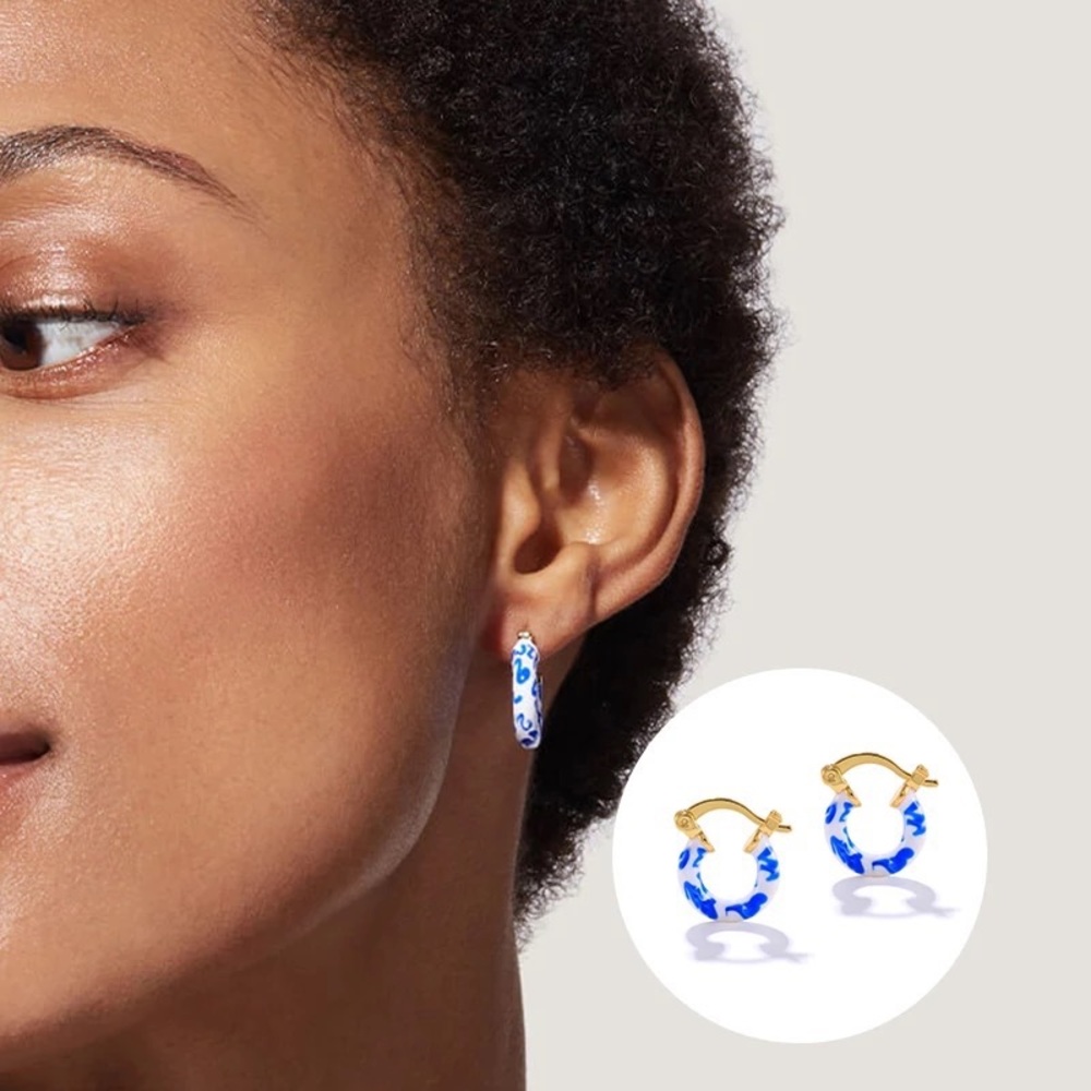 Gold Plated 925 Sterling Silver Hand Painted Porcelain Hoop Earrings - Picture 3 of 8